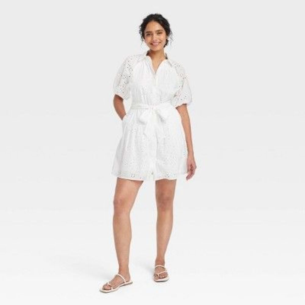 A New Day Women's Eyelet Ballon Short Sleeve Mini Summer Shirt Dress , Whit